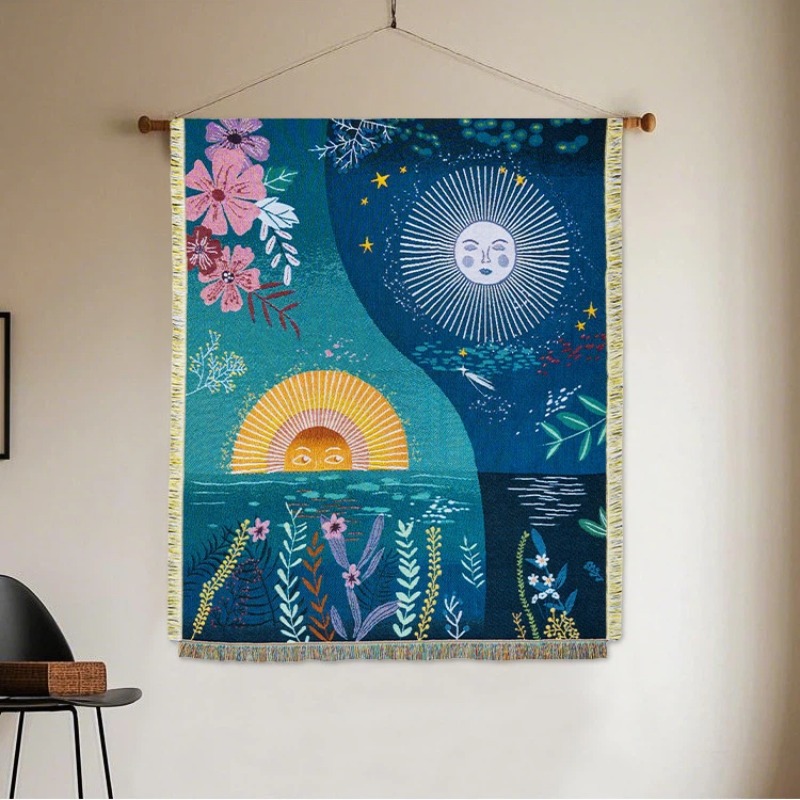 Boho Throw Blanket Fringe - Arazzo Intrecciato Celeste Sole Luna Boho