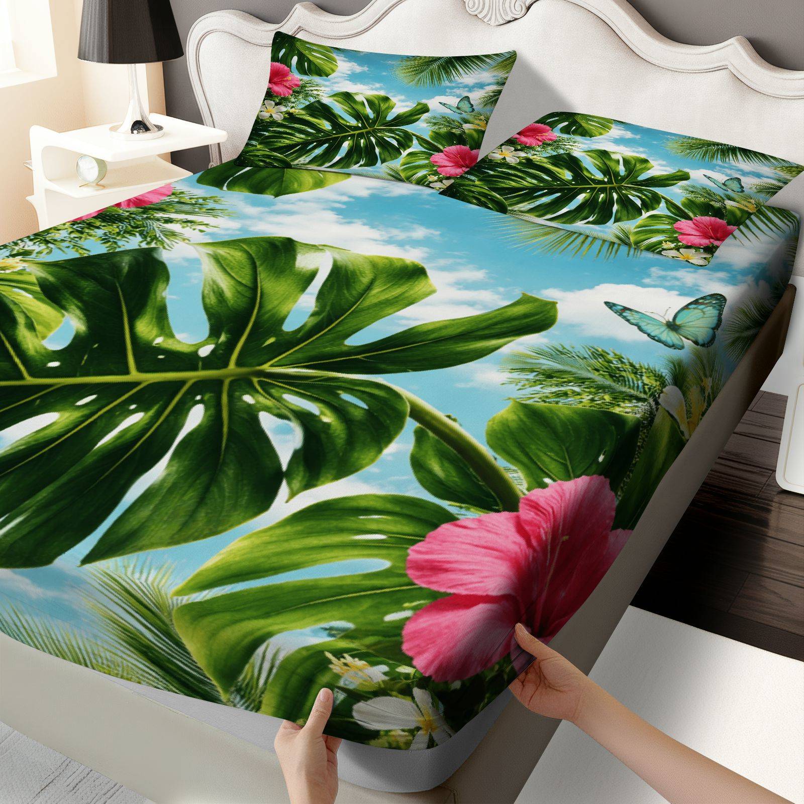 Fitted Bed Sheets Deep Pocket - Set di Lenzuola con Motivo Ibisco