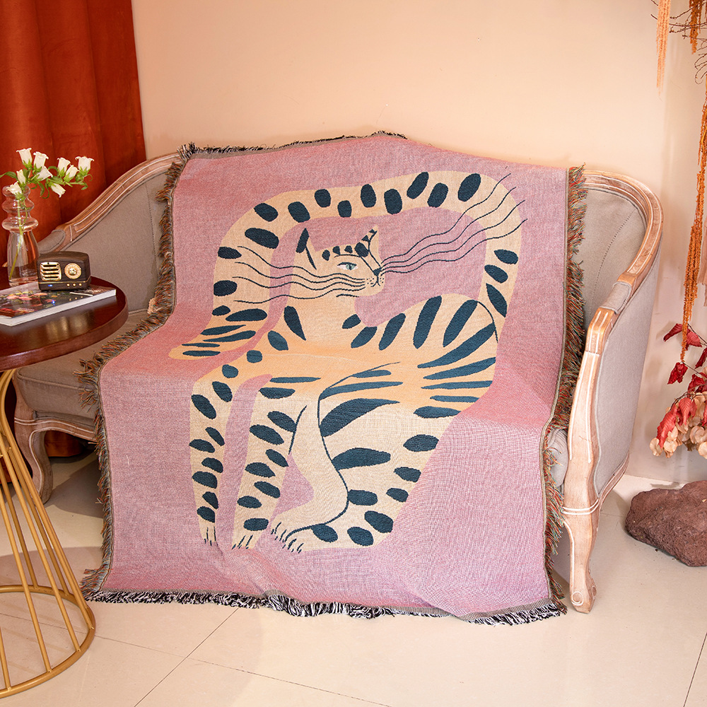 Boho Throw Blanket Fringe - Coperta Decorativa Boho con Stampa Gatto