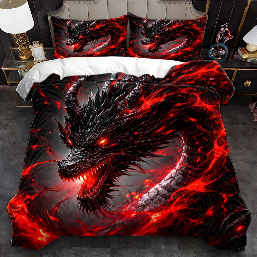 Duvet Cover Sets With Zipper - Set Copripiumino Drago Nero 3 Pezzi,