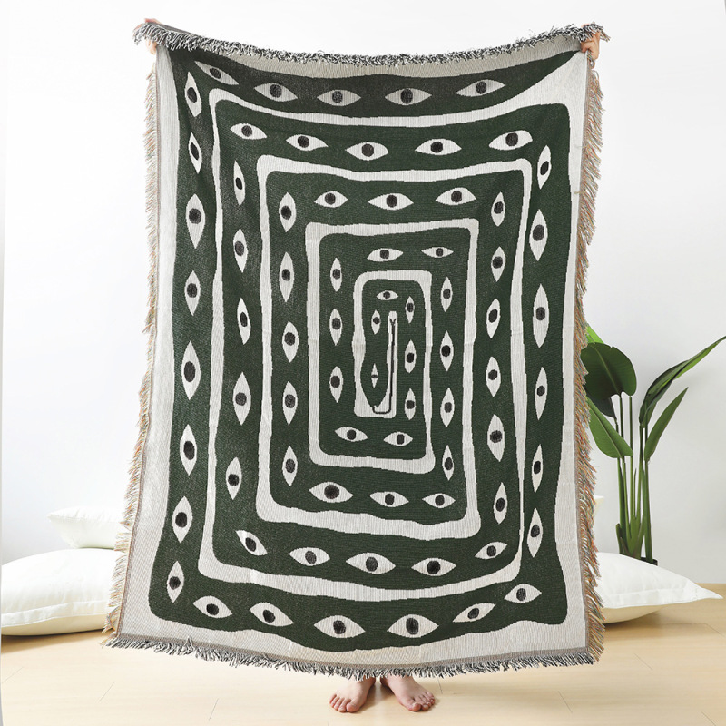 Boho Throw Blanket Fringe - Coperta Jacquard Verde e Bianca con