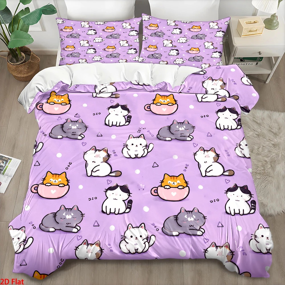 Duvet Cover Sets With Zipper - Set copripiumino con stampa gatto, 3