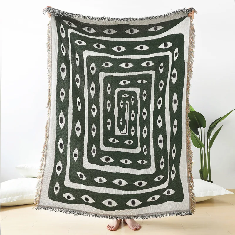 Boho Throw Blanket Fringe - Coperta Jacquard Verde e Bianca con